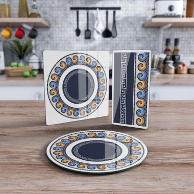 Decovetro Cam Sunum Servis Tabağı 3lü Karma Set Renkli Geometrik Desenli