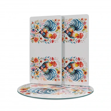 Decovetro Cam Sunum Servis Tabağı 3lü Yuvarlak Set Balkan Horoz Desenli