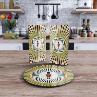 Decovetro Cam Sunum Servis Tabağı 3lü Yuvarlak Set Christmas Fındıkkıran Desenli