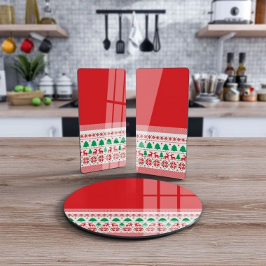 Decovetro Cam Sunum Servis Tabağı 3lü Yuvarlak Set Ekose Dokuma Yılbaşı Desenli