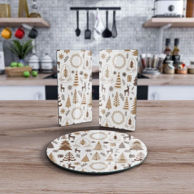 Decovetro Cam Sunum Servis Tabağı 3lü Yuvarlak Set Kahverengi Karışık Yılbaşı Desenli