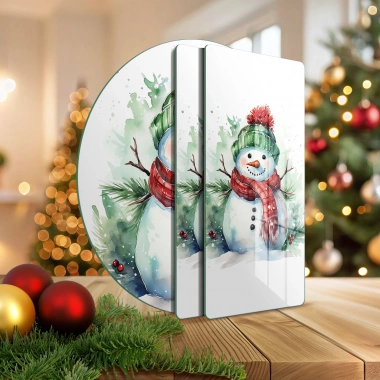 Decovetro Cam Sunum Servis Tabağı 3lü Yuvarlak Set Kardan Adam Desenli