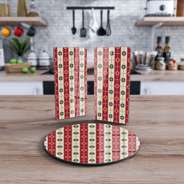 Decovetro Cam Sunum Servis Tabağı 3lü Yuvarlak Set Kırmızı Geometrik Desenli