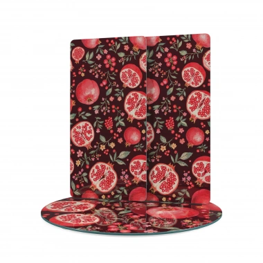 Decovetro Cam Sunum Servis Tabağı 3lü Yuvarlak Set Nar Desenli