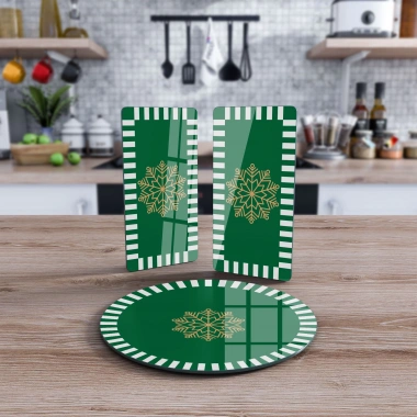 Decovetro Cam Sunum Servis Tabağı 3lü Yuvarlak Set Yeşil Beyaz Kar Tanesi Desenli