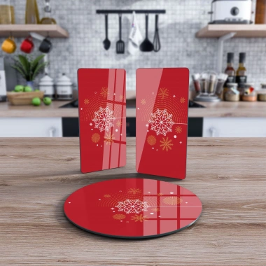 Decovetro Cam Sunum Servis Tabağı 3lü Yuvarlak Set Kırmızı Kar Tane Desenli