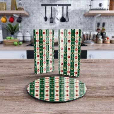 Decovetro Cam Sunum Servis Tabağı 3lü Yuvarlak Set Yeşil Geometrik Desenli