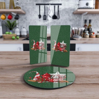 Decovetro Cam Sunum Servis Tabağı 3lü Yuvarlak Set Yeşil Yılbaşı Kar Desenli