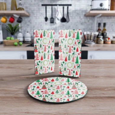 Decovetro Cam Sunum Servis Tabağı 3lü Yuvarlak Set Karışık Yılbaşı Desenli