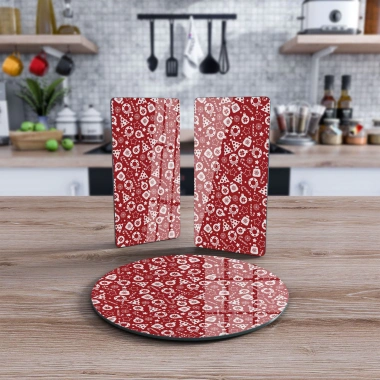 Decovetro Cam Sunum Servis Tabağı 3lü Yuvarlak Set Kırmızı Yılbaşı Desenli