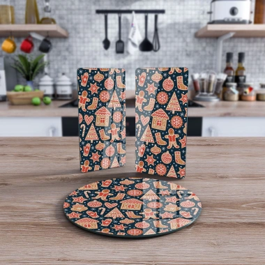 Decovetro Cam Sunum Servis Tabağı 3lü Yuvarlak Set Yılbaşı Kurabiye Desenli