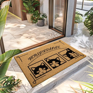 Decovetro Paspas Hoşgeldiniz Kedi Desenli Kapı Önü Paspası 40 x 60 Cm