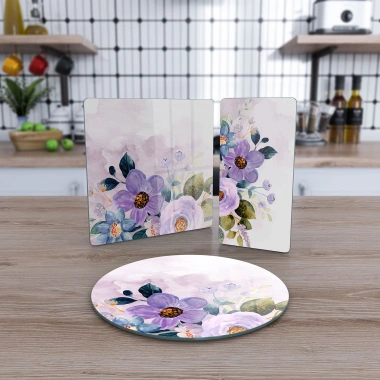 Decovetro Cam Sunum Servis Tabağı 3lü Karma Set Sulu Boya Çiçek Desenli