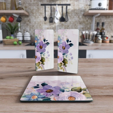 Decovetro Cam Sunum Servis Tabağı 3lü Kare Set Suluboya Çiçek Desenli