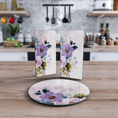 Decovetro Cam Sunum Servis Tabağı 3lü Yuvarlak Set Sulu Boya Çiçek Desenli