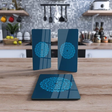 Decovetro Cam Sunum Servis Tabağı 3lü Dikdörtgen Set Mavi Vintage Çiçek Deseni