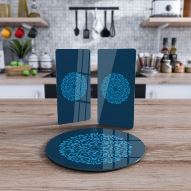 Decovetro Cam Sunum Servis Tabağı 3lü Yuvarlak Set Mavi Vintage Çiçek Desenli