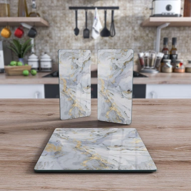 Decovetro Cam Sunum Servis Tabağı 3lü Kare Set Gri Mermer Deseni