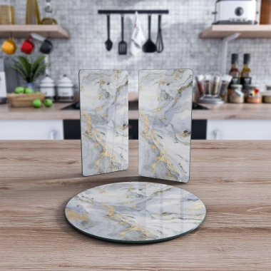 Decovetro Cam Sunum Servis Tabağı 3lü Yuvarlak Set Gri Mermer Desenli