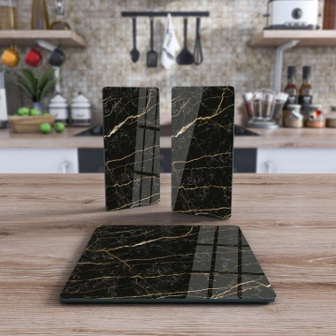 Decovetro Cam Sunum Servis Tabağı 3lü Kare Set Siyah Gold Mermer Deseni