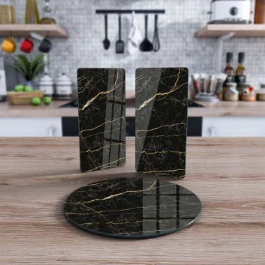 Decovetro Cam Sunum Servis Tabağı 3lü Yuvarlak Set Siyah Gold Mermer Desenli