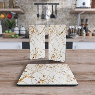 Decovetro Cam Sunum Servis Tabağı 3lü Kare Set Çizgili Mermer Deseni