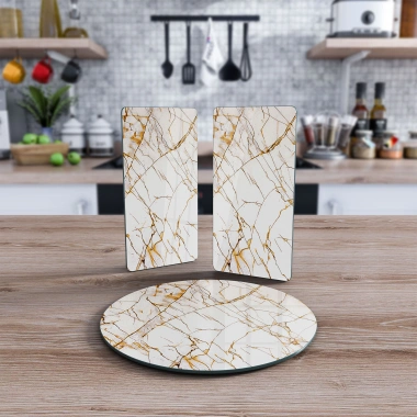 Decovetro Cam Sunum Servis Tabağı 3lü Yuvarlak Set Çizgili Mermer Desenli
