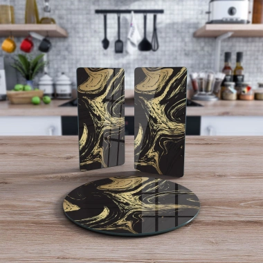 Decovetro Cam Sunum Servis Tabağı 3lü Yuvarlak Set Dalgalı Mermer Deseni