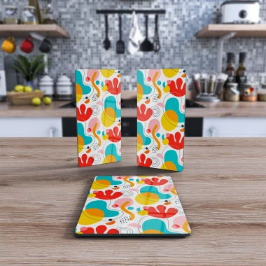 Decovetro Cam Sunum Servis Tabağı 3lü Dikdörtgen Set Karışık Renkli Desen