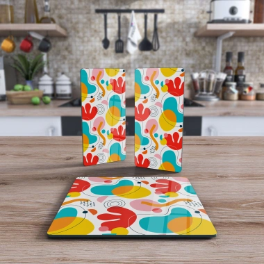 Decovetro Cam Sunum Servis Tabağı 3lü Kare Set Karışık Renkli Desen