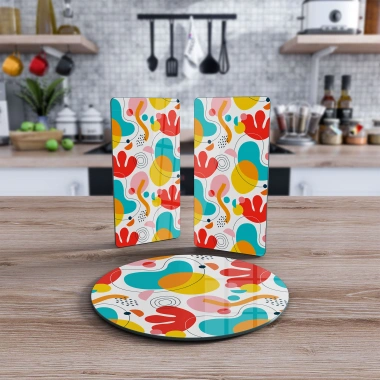 Decovetro Cam Sunum Servis Tabağı 3lü Yuvarlak Set Karışık Renkli Desen