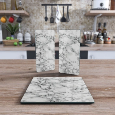 Decovetro Cam Sunum Servis Tabağı 3lü Kare Set Gri Beyaz Mermer Deseni