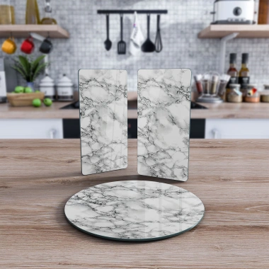 Decovetro Cam Sunum Servis Tabağı 3lü Yuvarlak Set Gri Beyaz Mermer Desenli