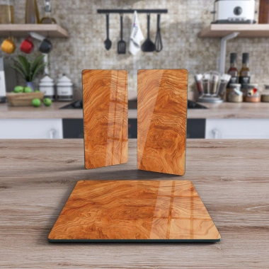 Decovetro Cam Sunum Servis Tabağı 3lü Kare Set Kiraz Ahşap Deseni