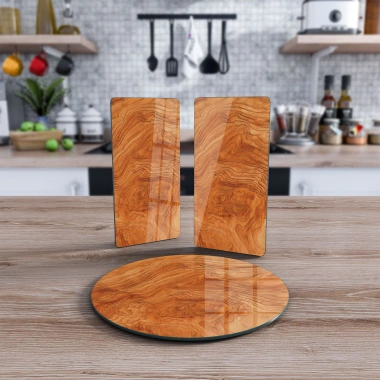 Decovetro Cam Sunum Servis Tabağı 3lü Yuvarlak Set Kiraz Ahşap Desenli