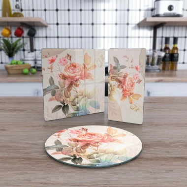Decovetro Cam Sunum Servis Tabağı 3lü Karma Set Karma Vintage Gül Desenli