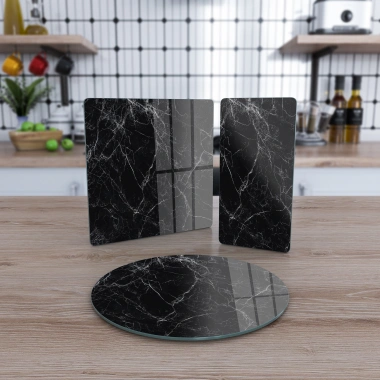 Decovetro Cam Sunum Servis Tabağı 3lü Karma Set Siyah Beyaz Mermer Desenli