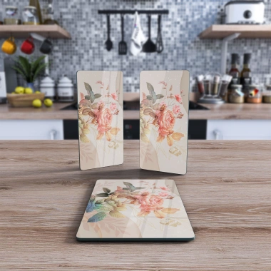 Decovetro Cam Sunum Servis Tabağı 3lü Dikdörtgen Set Vintage Gül Deseni