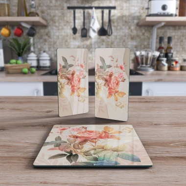 Decovetro Cam Sunum Servis Tabağı 3lü Kare Set Vintage Gül Deseni