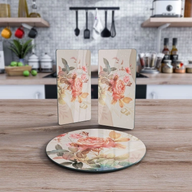 Decovetro Cam Sunum Servis Tabağı 3lü Yuvarlak Set Vintage Gül Desenli