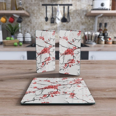 Decovetro Cam Sunum Servis Tabağı 3lü Kare Set Kiraz Çiçeği Deseni