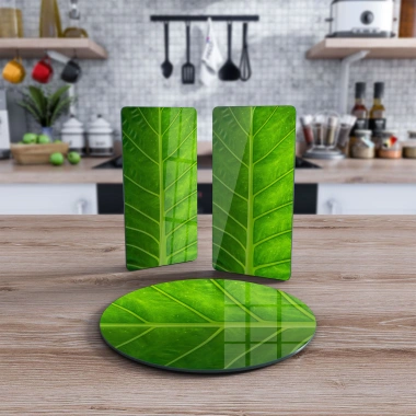 Decovetro Cam Sunum Servis Tabağı 3lü Yuvarlak Set Yeşil Yaprak Desenli
