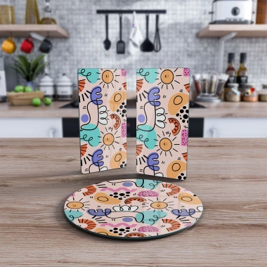 Decovetro Cam Sunum Servis Tabağı 3lü Yuvarlak Set Bahar Renkleri