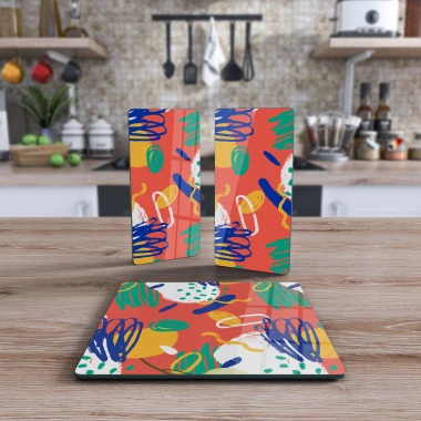 Decovetro Cam Sunum Servis Tabağı 3lü Kare Set Renkli Çizgiler