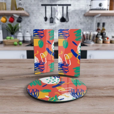 Decovetro Cam Sunum Servis Tabağı 3lü Yuvarlak Set Renkli Çizgiler