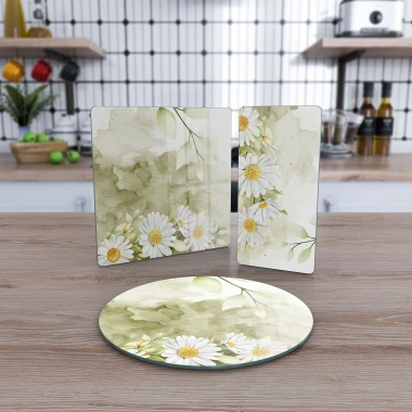 Decovetro Cam Sunum Servis Tabağı 3lü Karma Set Suluboya Papatya Desenli