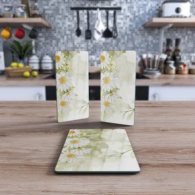 Decovetro Cam Sunum Servis Tabağı 3lü Dikdörtgen Set Suluboya Papatya Deseni
