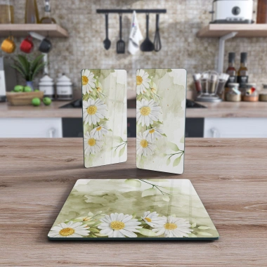 Decovetro Cam Sunum Servis Tabağı 3lü Kare Set Suluboya Papatya Desenli