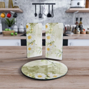 Decovetro Cam Sunum Servis Tabağı 3lü Yuvarlak Set Suluboya Papatya Desenli