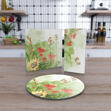 Decovetro Cam Sunum Servis Tabağı 3lü Karma Set Suluboya Ayçiçeği Desenli